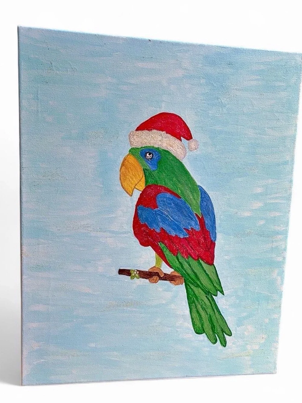 Festive Green Parrot Perch Art Print - Green Red Blue Bird Accent